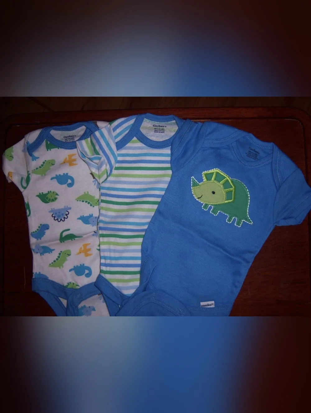 NWT Gerber Newborn Baby Boy Onesies 3-Pack Dinosaur Bodysuits Blue Green